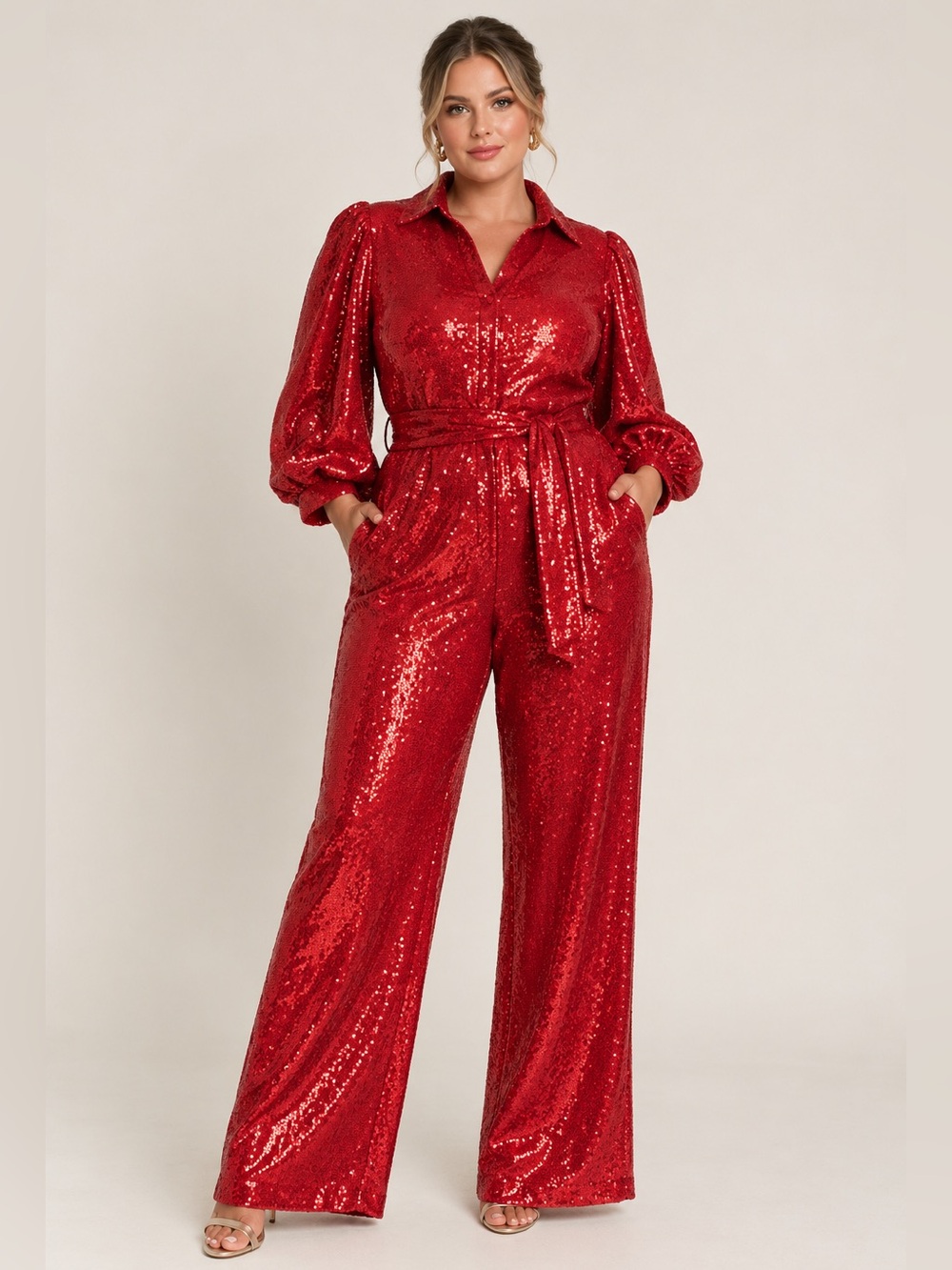 Eloquii Red Sequin Belted Jumpsuit Long Sleeve Collared Wide Leg Festive Size 20